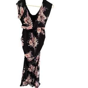 Pink Blush Maternity Small Maxi Dress Black Pink Floral Cap Sleeve Feminine
